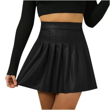 

Women s High Waist PU Leather Skirts Pleated Solid Short Mini Skater Skirt Evening Party Clubwear Cute Skirts