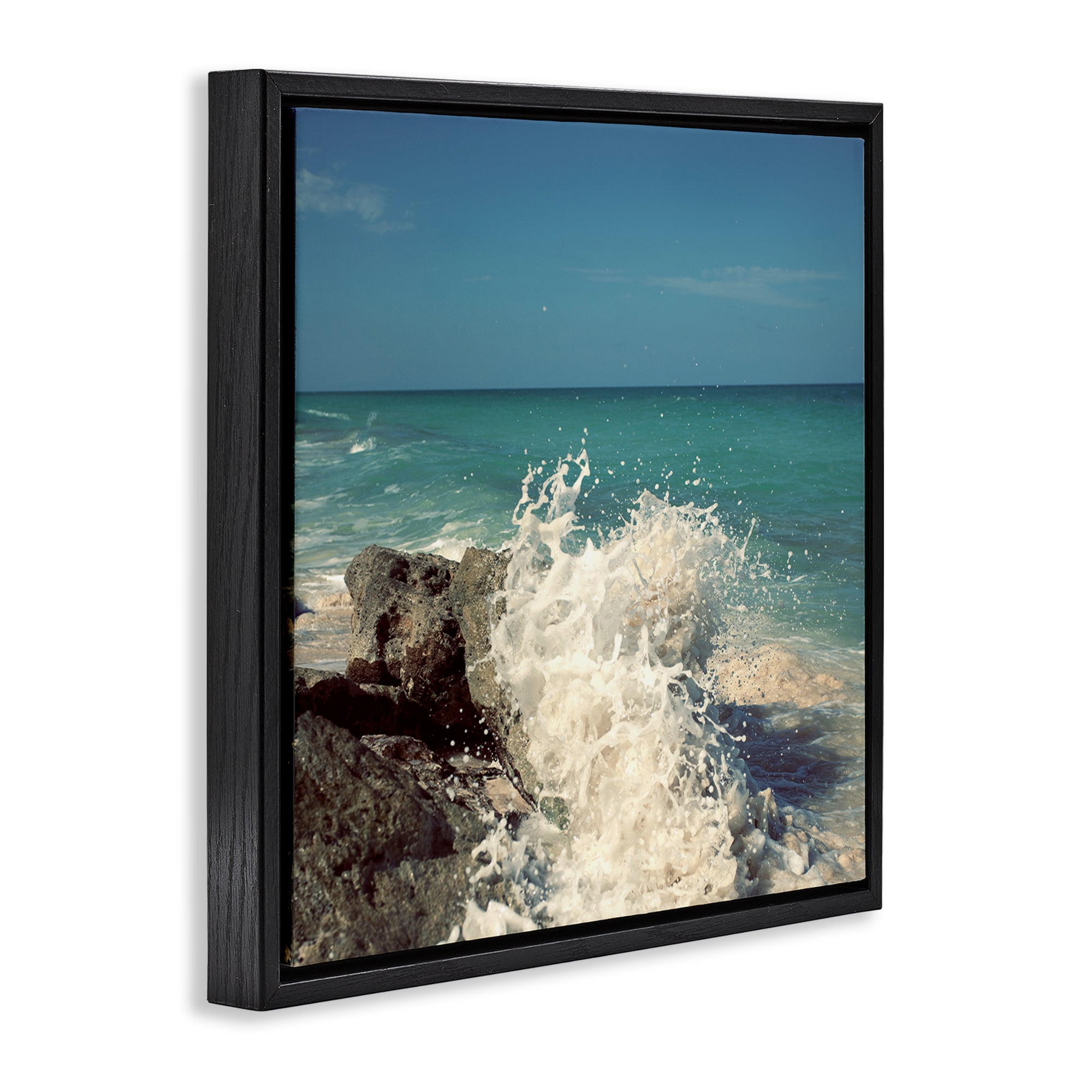 Stupell Industries Splashing Beach Spray Coastal Photography Black Floater Framed Canvas Art Print Wall Art, 18 x 18