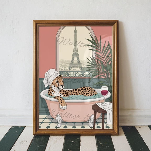 Cheetah Taking A Bath In Paris, Bathroom Wall Poster, Home Decor, Eiffel Tower Poster, New Home, Bathroom Poster, Unframed Poster Size 8x12