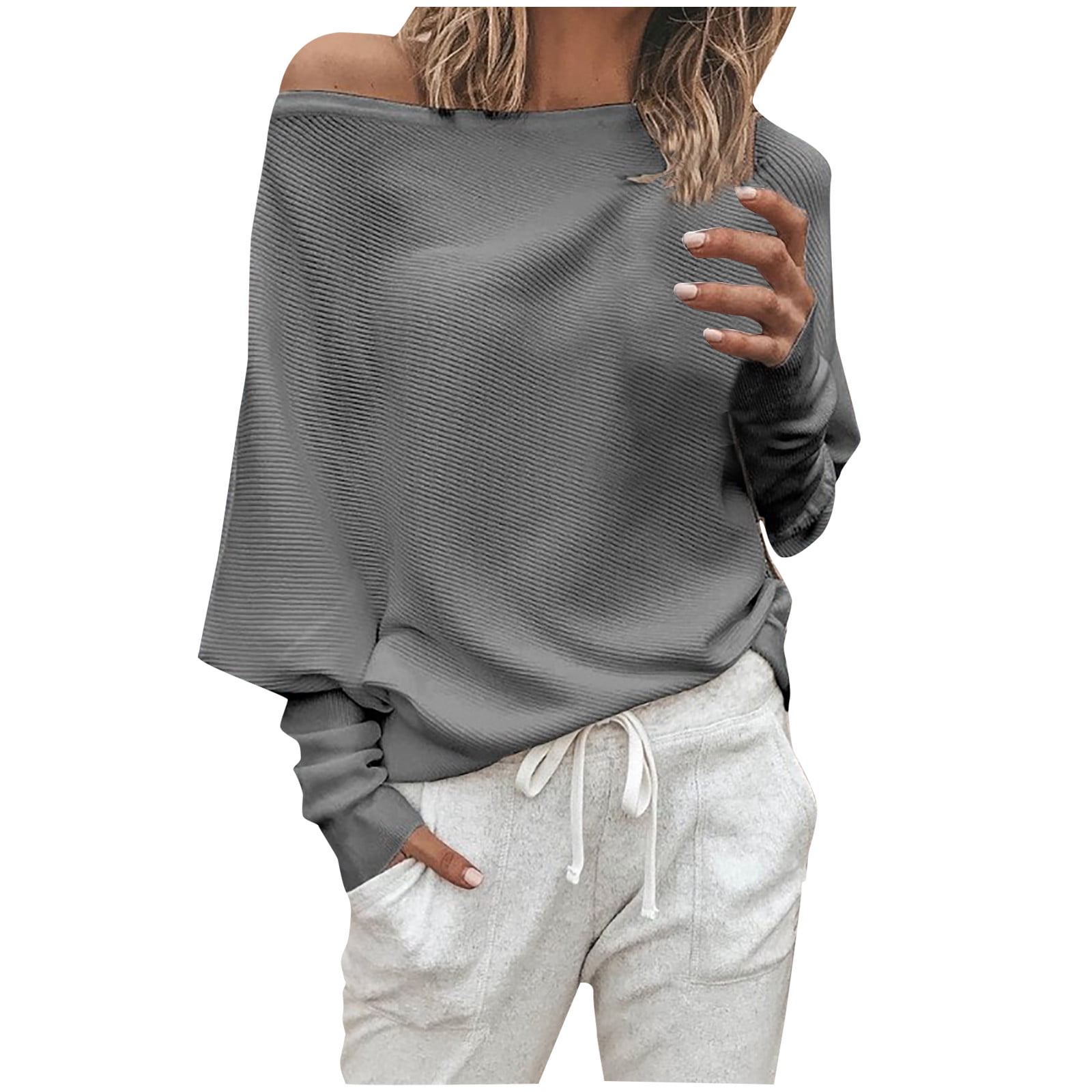Womens Fashion Casual Solid Color Threaded One Line Collar Long Sleeve Tops Basic Tops Tee Comfort Loose 