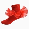 thumbnail image 2 of Krdevn Toddler Girls Solid Ruffle Bow Ankle Socks Breathable Knit Frilly Short Dress Socks for Daily Occasion Size:8-10 Years, 2 of 3