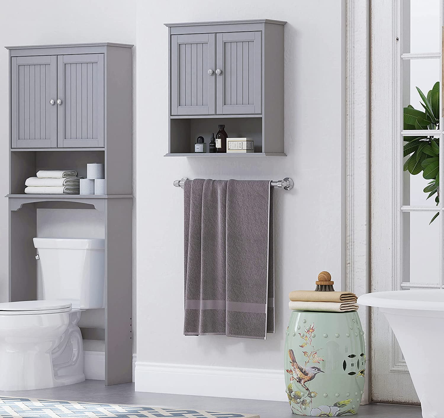 STAROUS Bathroom Cabinet Wall Mounted with Doors, Wood Hanging Cabinet, Wall Cabinets with Doors and Shelves Over The Toilet,Gray