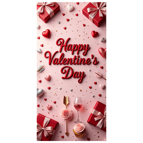 Valentine's Day Romantic Decorative Banner with Hearts Gifts Cupcakes Champagne Valentine's Day Celebration Wedding Party Supplies Photography Props Background