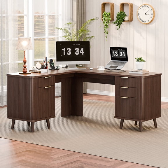 67" L-Shaped Executive Desk with 4 Drawers and Charging Station, Modern Fluted Home Office Computer Desk with File Cabinet, Walnut