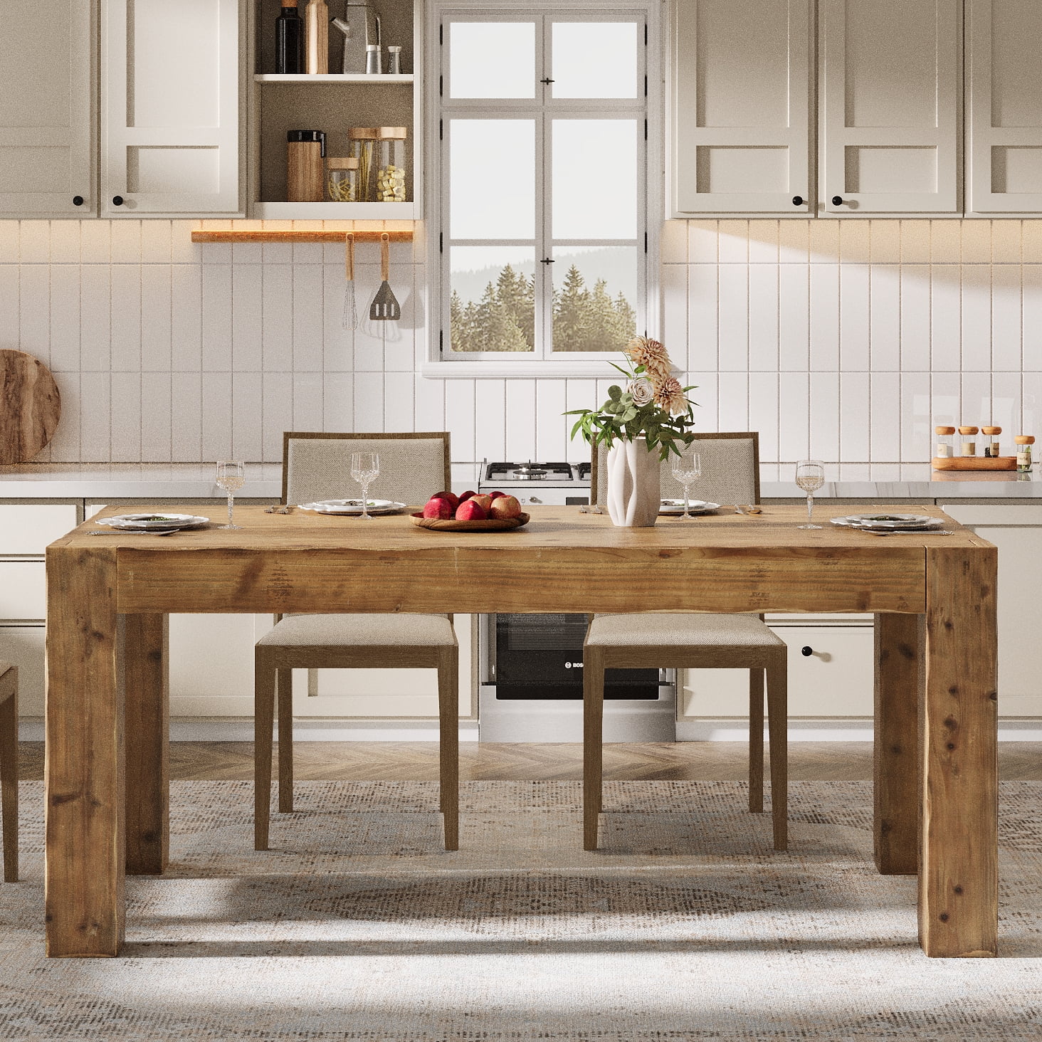Tribesigns  Solid Wood Dining Table for 4-6 People, 63 Inch Rectangle Farmhouse Table for Kitchen, Dining Room, Rustic Brown