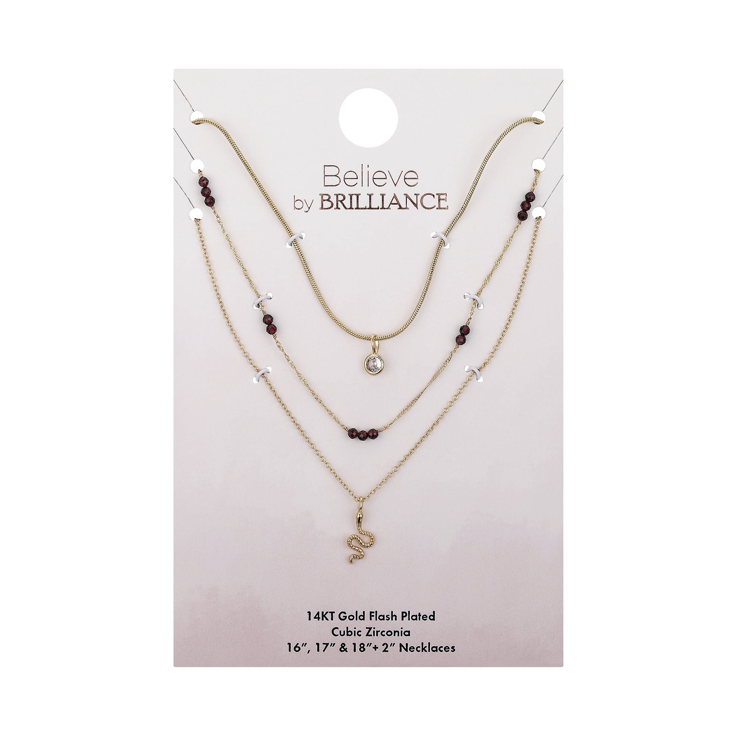 Believe by Brilliance Women's 14Kt Gold Flash Plated Snake Cubic Zirconia Layered Pendant Necklace, 16 & 17 & 18+2" Extender