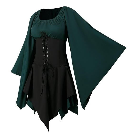 GYQMBT Women's Medieval Renaissance Costume Fairy Irish Victorian Gothic Dress Vintage Cosplay Lace Up Corset Dress,Gothic Dress Ladies for Halloween Carnival(Black Green,S)