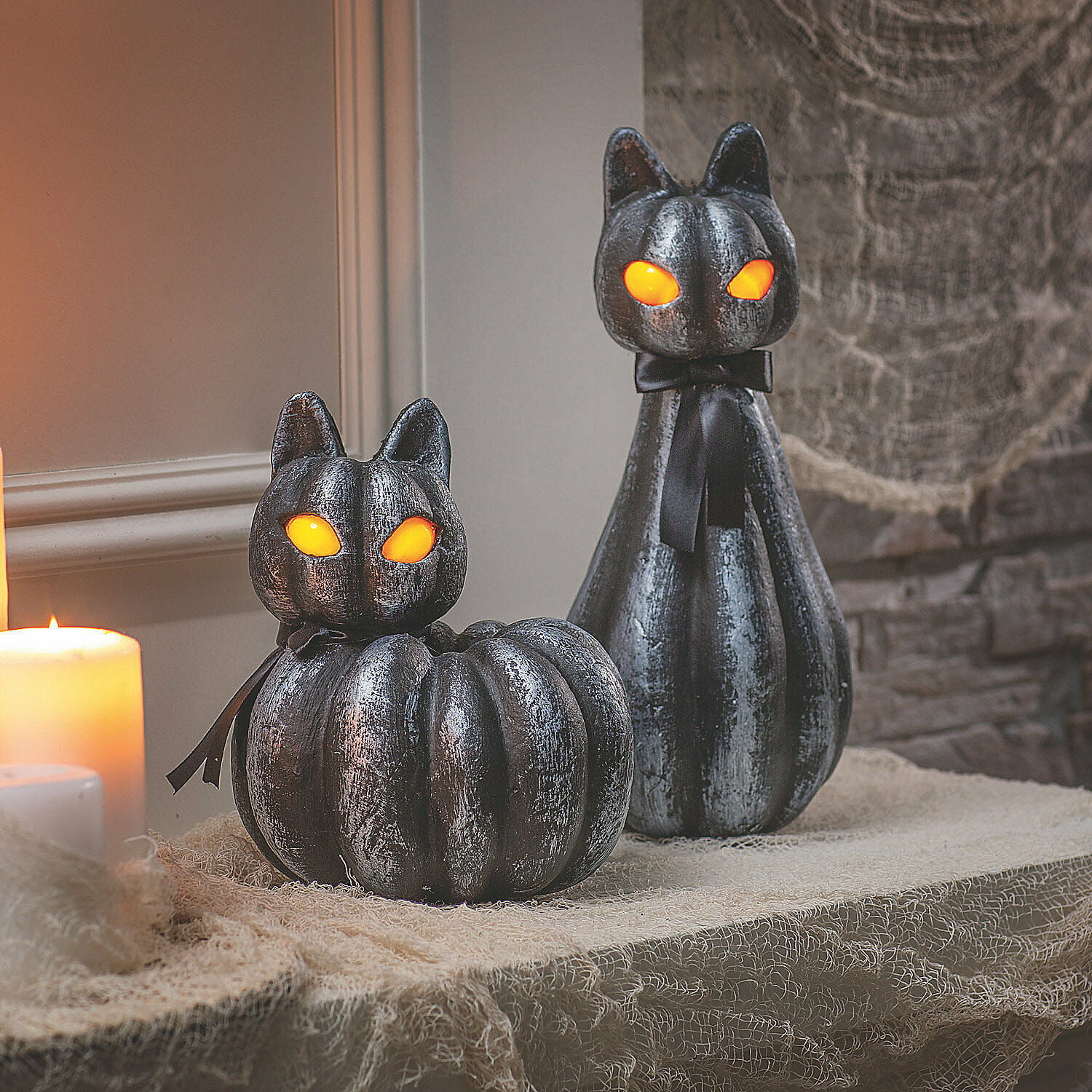 2 Pieces Home Decor Pumpkin Black Cat Light-Up Halloween Decorations 