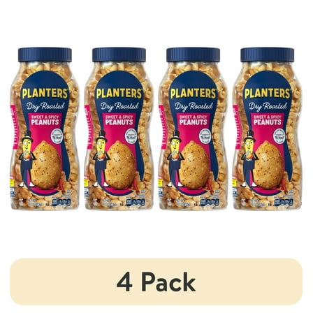 (4 pack) PLANTERS Sweet and Spicy Peanuts, Party Snacks, Plant-Based Protein, 16 oz Plastic Jar