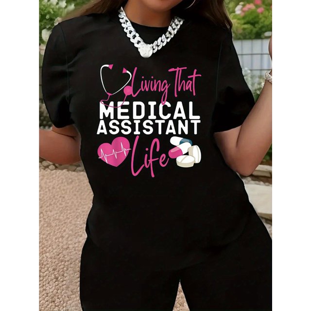 T-shirt Graphique Certifié Assistante Médicale, Manches Courtes Col Rond Décontracté pour l'Été et le Printemps, Vêtements pour Femmes