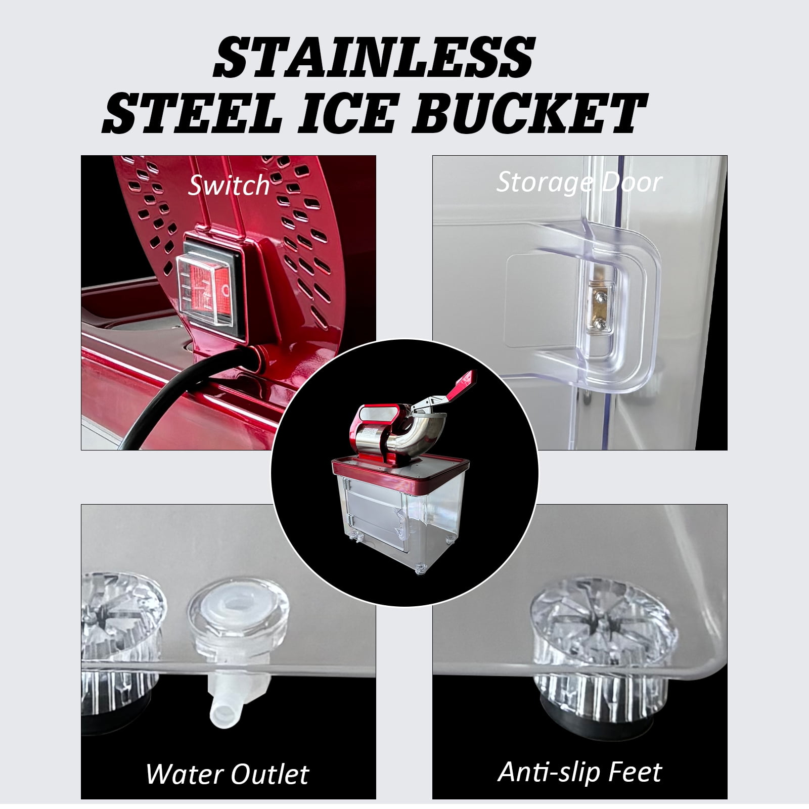 Commercial Shaved Ice Machine, 661 LBS/H 350W Electric Ice Crusher w/4 Blades & Safety On/Off Switch, Stainless Steel Snow Cone Machine with 38L Ice Storage Box for Home Restaurant Bar