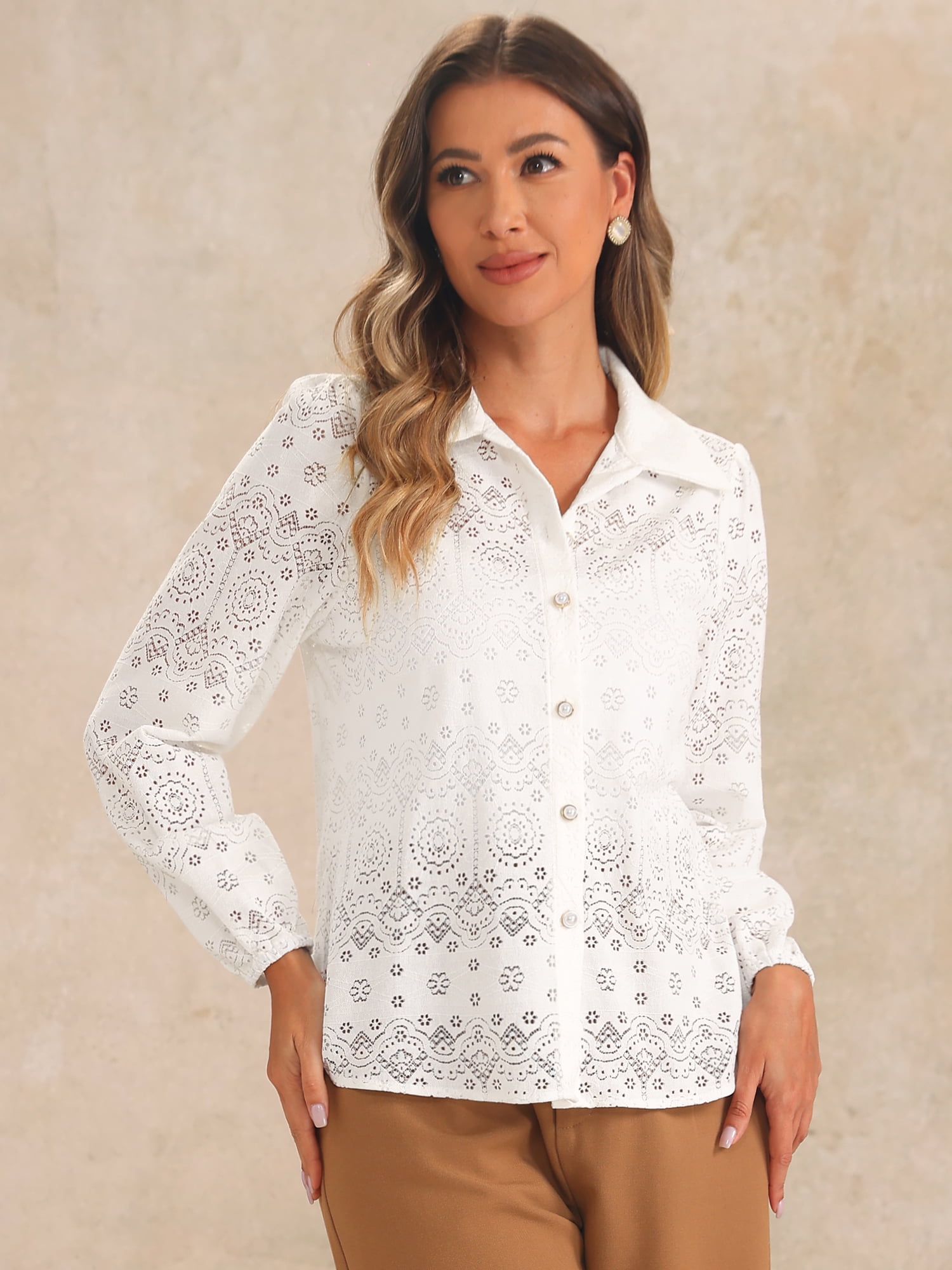 DARING DIVA Women's Eyelet Hallow Out Lace Sheer Button Down Shirt XS White