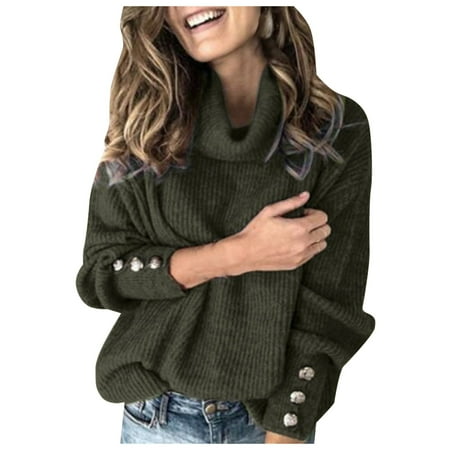 

Fsqjgq Basics Under Shirt Sleeve Warm Collar Knitted Casual Solid Sweater Top Buttons Bow Fashion Women s Blouse M Scrub T Shirts for Womens Tops Polyester Green Xxxxxl
