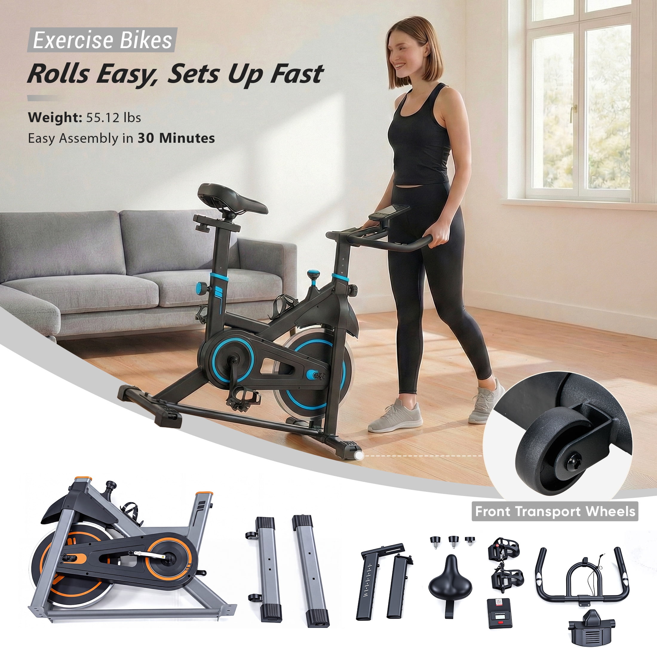 EDX Exercise Bike with LCD Monitor & Infinite Resistance, Adjustable Seat & Handlebar, Bluetooth App Compatible Indoor Cycling Bike for Home Gym, 300 lb Capacity, Blue