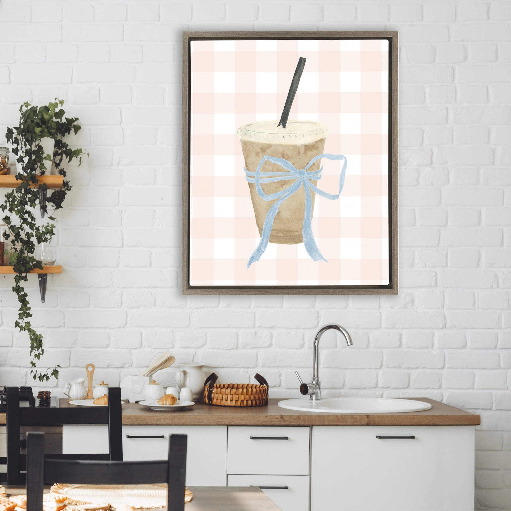 Stupell Industries Iced Coffee on Gingham Brown Framed Floater Canvas Wall Art, design by Lucille Price