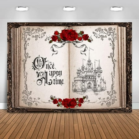 Once Upon a Time Backdrop Princess Castle Wedding Party Background Fairytale Book Red Roses Bridal Shower Party Cake Table Decoration Photo Booth Props