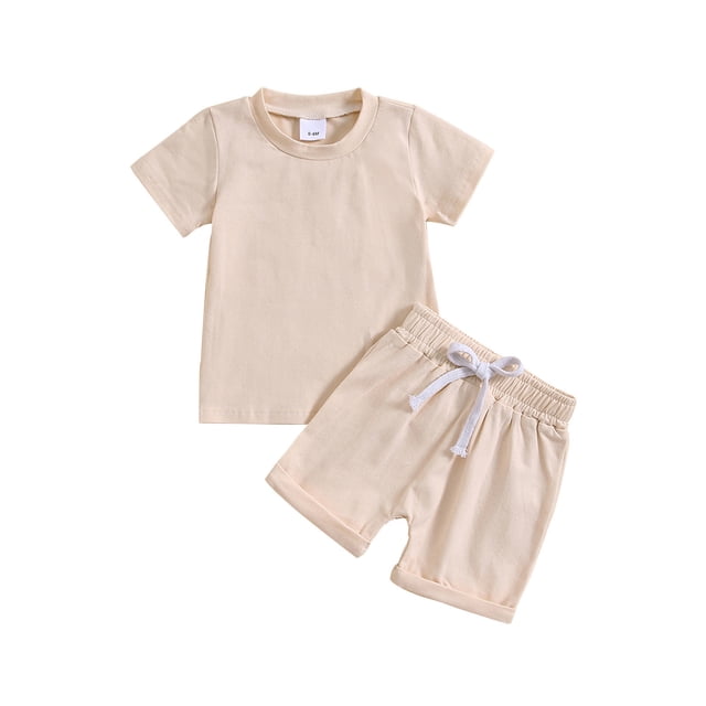 MIASHUI Ensemble 2 Pcs pour Garçon T-Shirts à Col Rond Décontractés à Manches Courtes Shorts de Plage Tenues d'Été, Kaki, 18-24 Mois