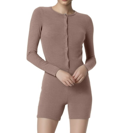 Women s Sexy V Neck Short Jumpsuits Button Up Long Sleeve Slim Fit Yoga Gym Bodysuit