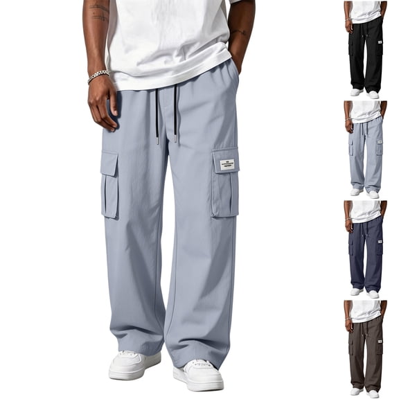 Men's Lightweight Cargo Straight Leg Pants, Elastic Drawstring Waist Loose Summer Casual Streetwear Trousers with Multi‑Pocket Light Gray 3XL