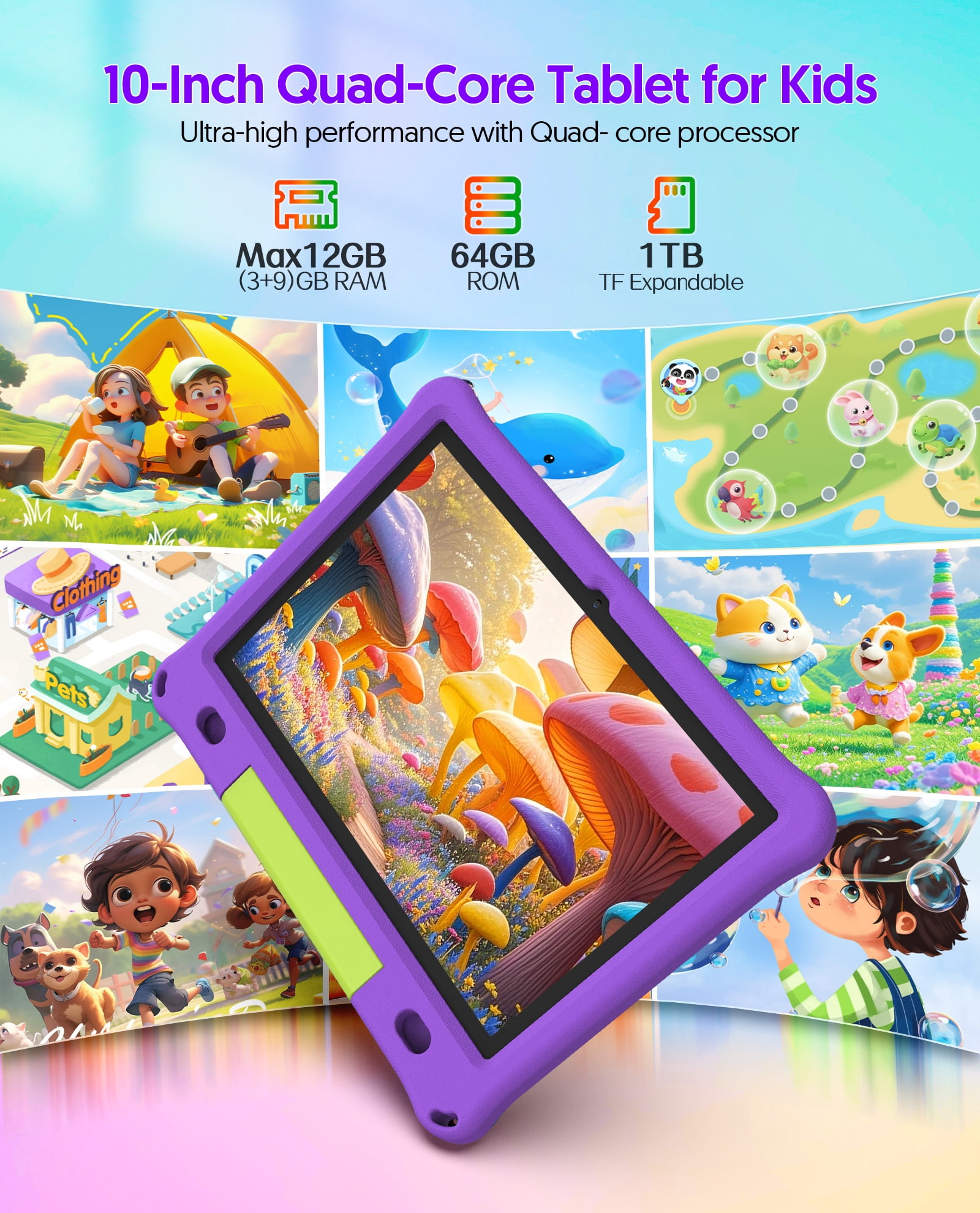 FITIFUN 10.1 inch Kids Tablet Android 15, 3GB RAM 64GB ROM 1TB Expand, Quad-Core, 5G/2.4G WiFi, 6000mAh, HD Display, Parental Control, Purple