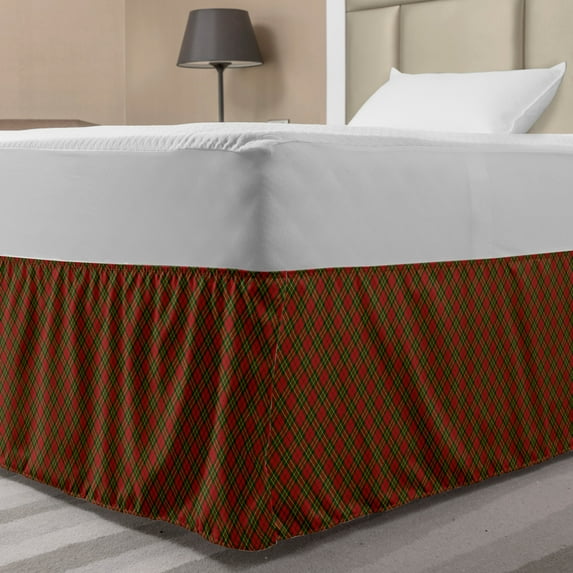 Checkered Bed Skirt, Irish Tartan Plaid Motifs in Christmas Colors Geometrical Stripes, Elastic Bedskirt Dust Ruffle Wrap Around for Bedding Decor, 4 Sizes, Emerald Yellow Vermilion, by Ambesonne