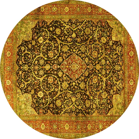 Ahgly Company Machine Washable Indoor Round Medallion Yellow Traditional Area Rugs, 6' Round