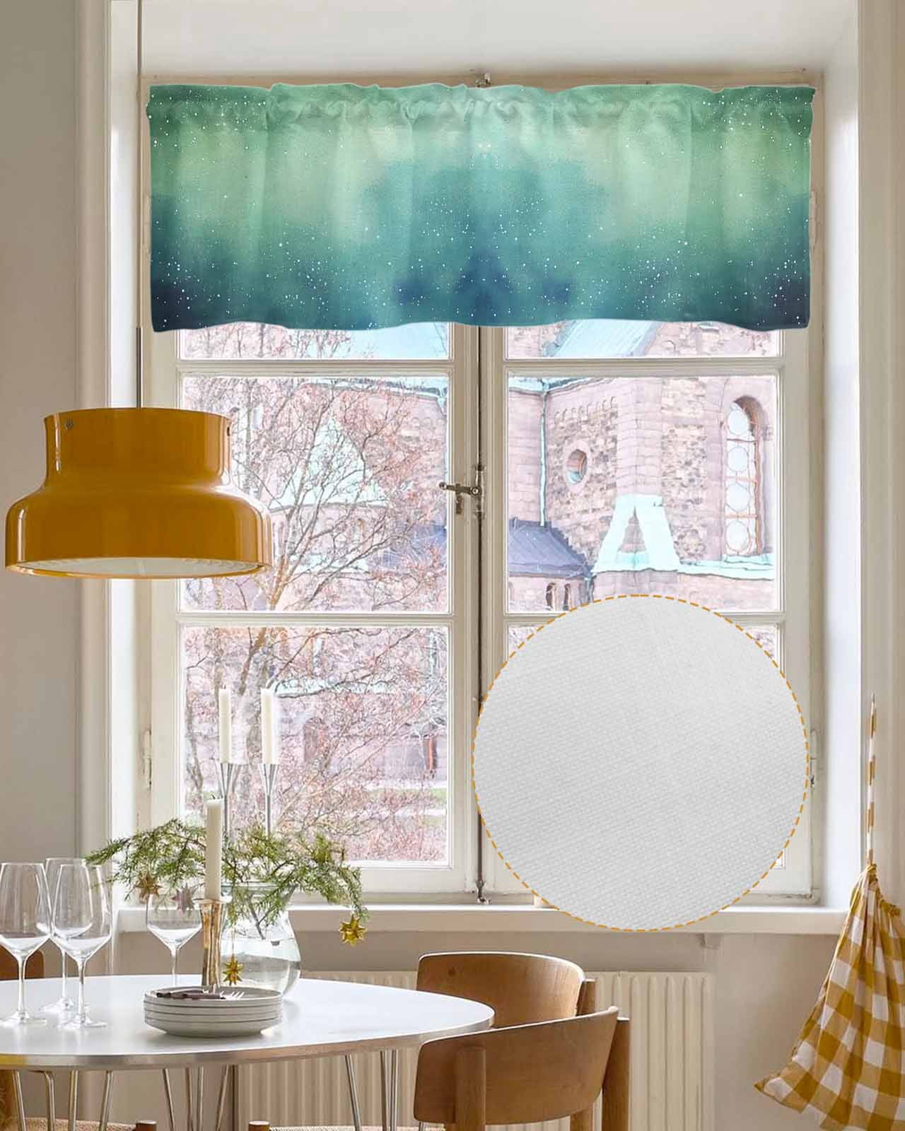 Teal Green Starry Night Kitchen Valances for Windows Farmhouse Linen Window Valance Curtain for Living Room Window Treatment Modern Vintage Scenery Valance Rod Pocket Topper Drape, 42 x 18 Inch