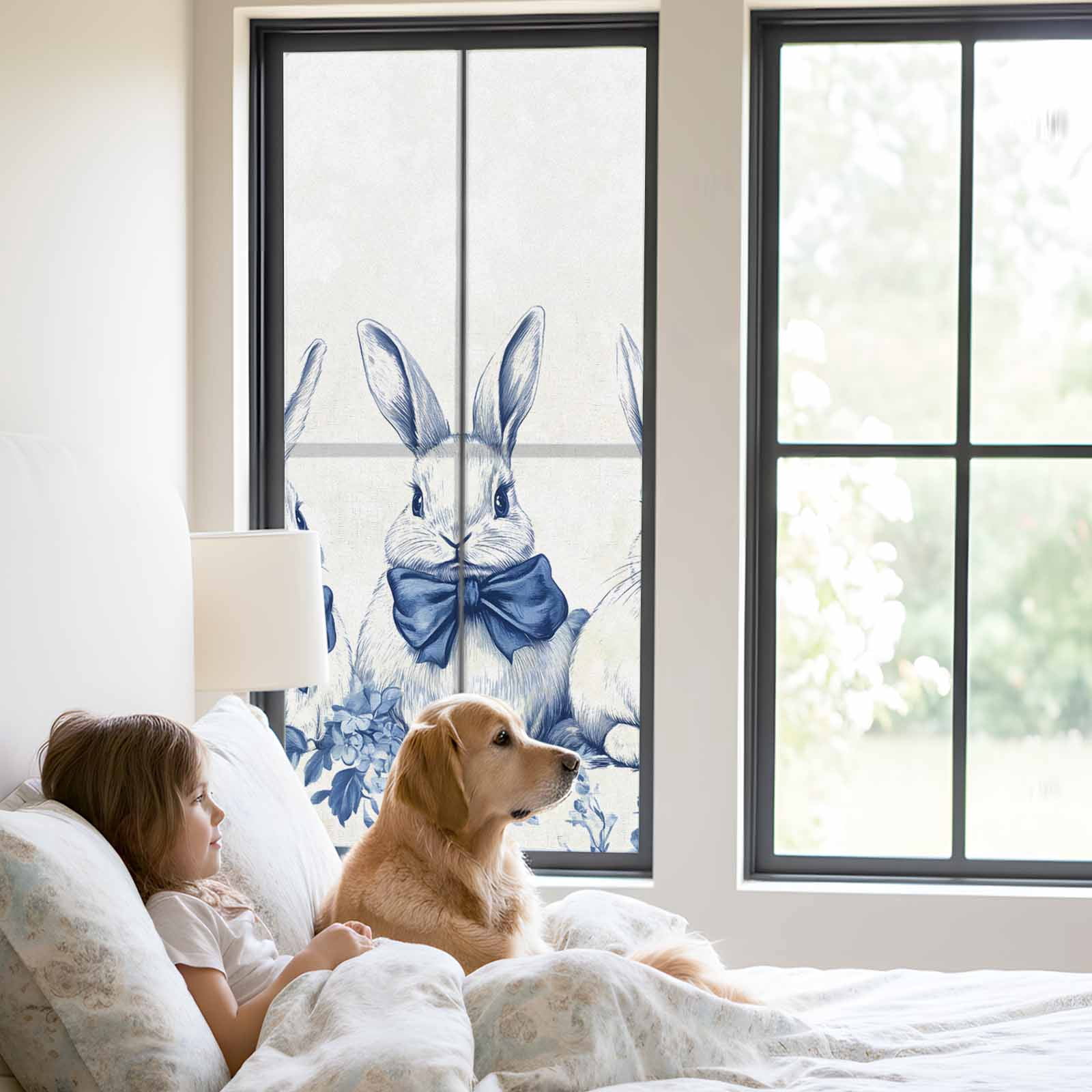 Easter Bunny Window Privacy Film, Simple Watercolor Blue Rabbits Country Spring Floral Leaf Frosted Glass Window Clings Static Cling UV Heat Blocking Reusable Door Sticker for Bathroom 23.6 x 59 Inch