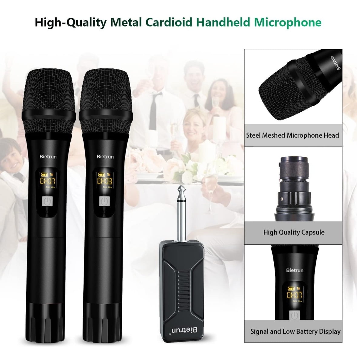 Wireless Microphone, Bietrun UHF Metal Dual Handheld Cordless Dynamic Mic System with Rechargeable Receiver, 1/4‘’Output, for Karaoke, Church, Speech, Wedding, Party Singing(160 ft Range