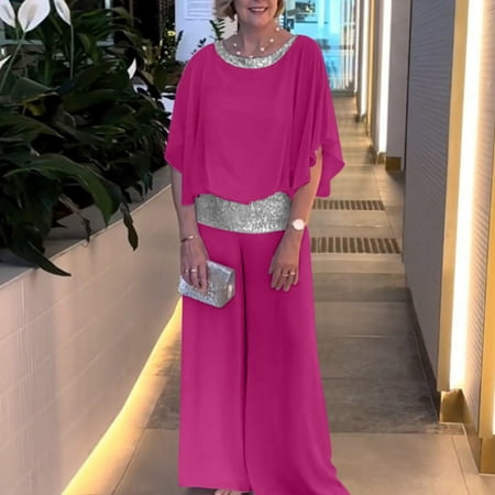 2 Piece Outfit for Women Women s Fashion Solid Color Round Neck Sequin Patchwork Short Sleeve Top Wide Leg Pants Set 2 Piece Sets for Women Kagetolytai Hot Pink XL