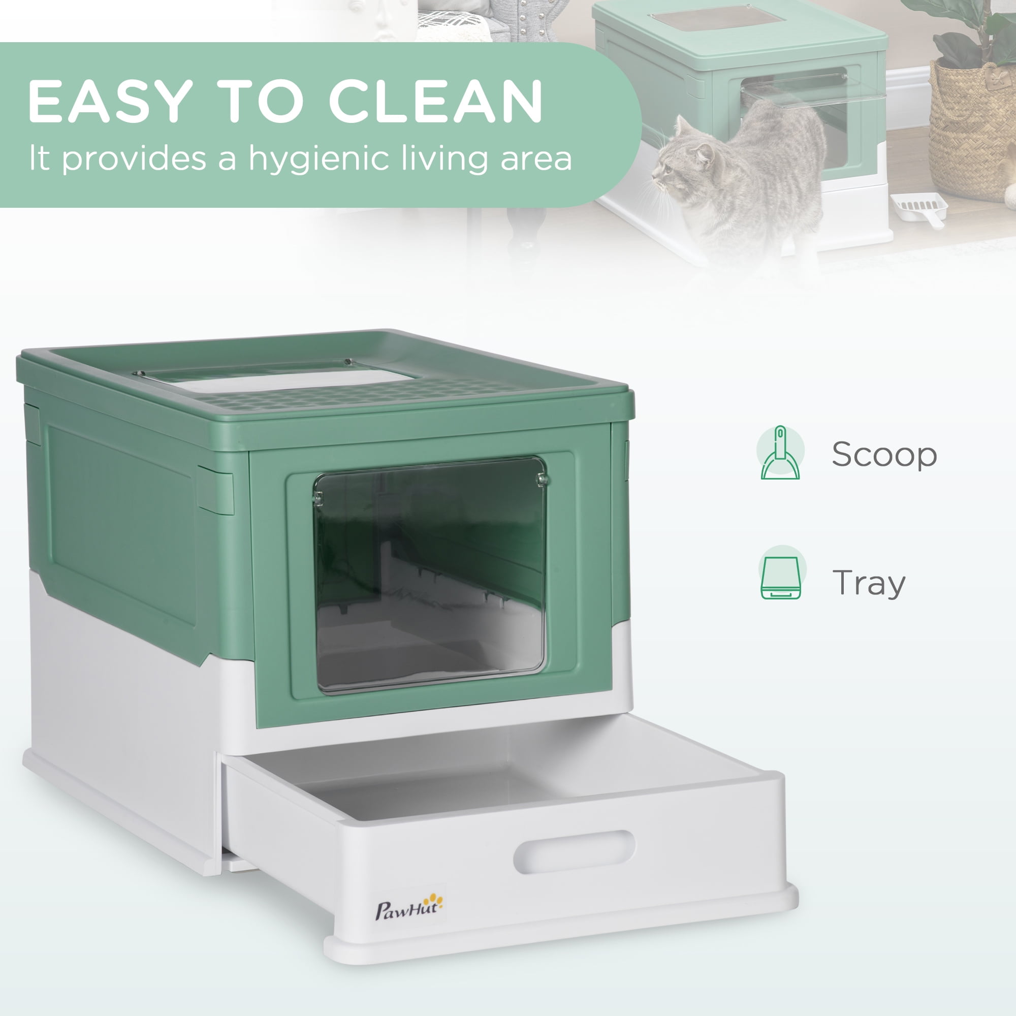 PawHut Fully Enclosed Cat Litter Box with Front Entry, Top Exit, Green