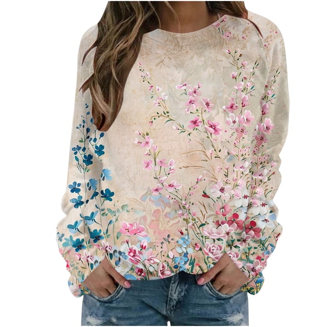 KIHOUT Chandails pour Femmes en Liquidation, Blouses à Manches Longues Col Rond Imprimé Floral Ample Automne Hiver, Tailles P-2TG