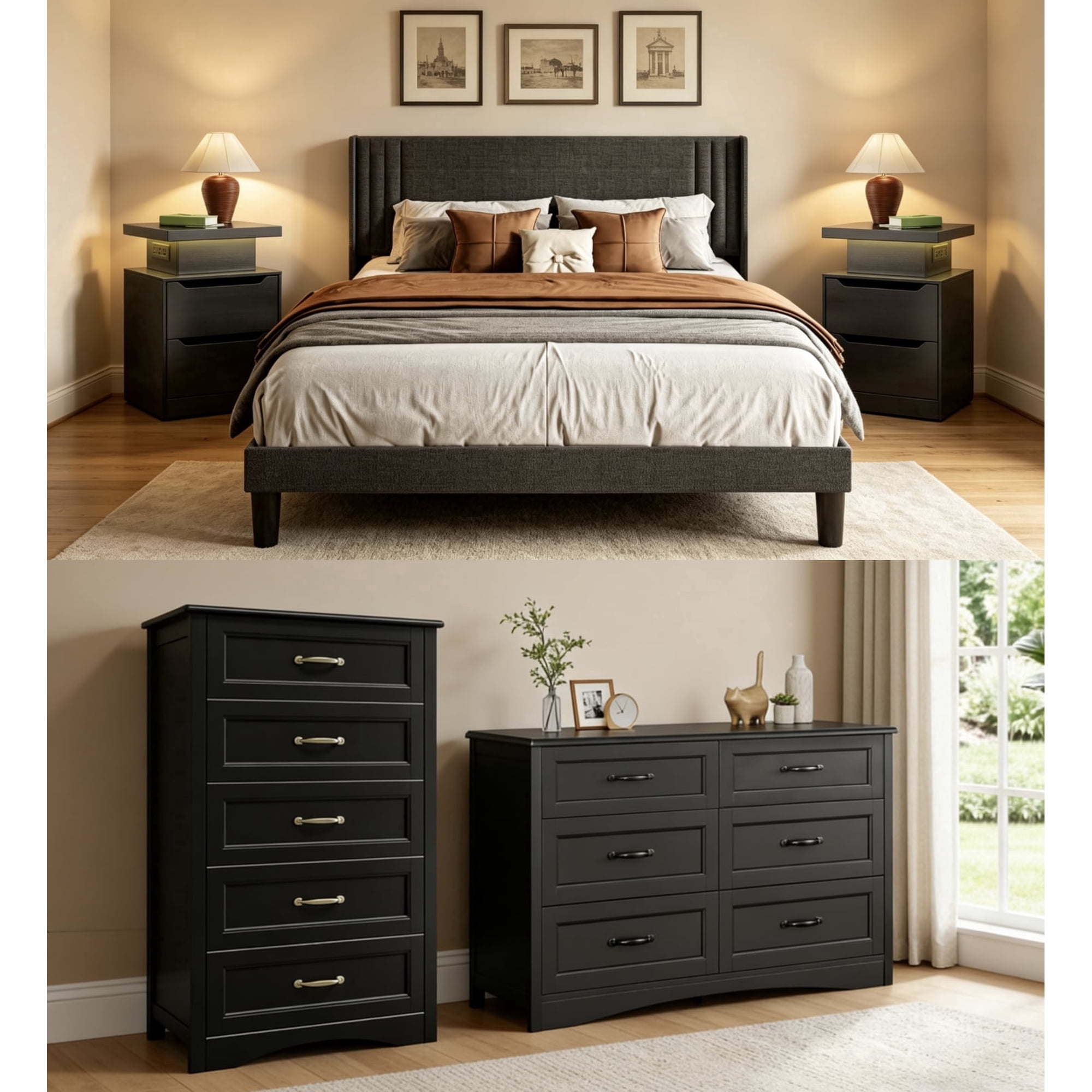 5 Pieces Bedroom Furniture Set, Includes Queen Size Bed Frame with Headboard,Nightstand Sets of 2,5-Drawers Dressers,6-Drawers Dressers with Mental Handle