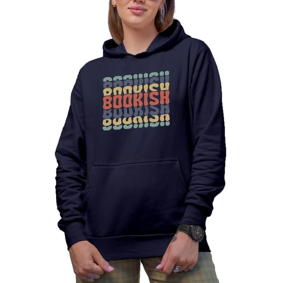 Bookish, Reading Enthusiast or Book Lover, Groovy Retro Wavy Text Merch Gift, Navy Blue Hooded Sweatshirt or Hoodie, Small
