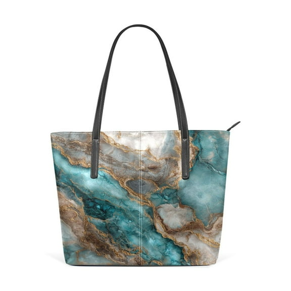 Tote Bag Aesthetic leather Handbags with Zipper for Women Travel Shoulder Bags Purses with compartment. Turquoise and Gold Marble