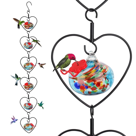 6-Piece Hand-Blown Glass Hummingbird Feeder, Stackable Hanging Metal Hearts, Outdoor Garden Decor, Blue