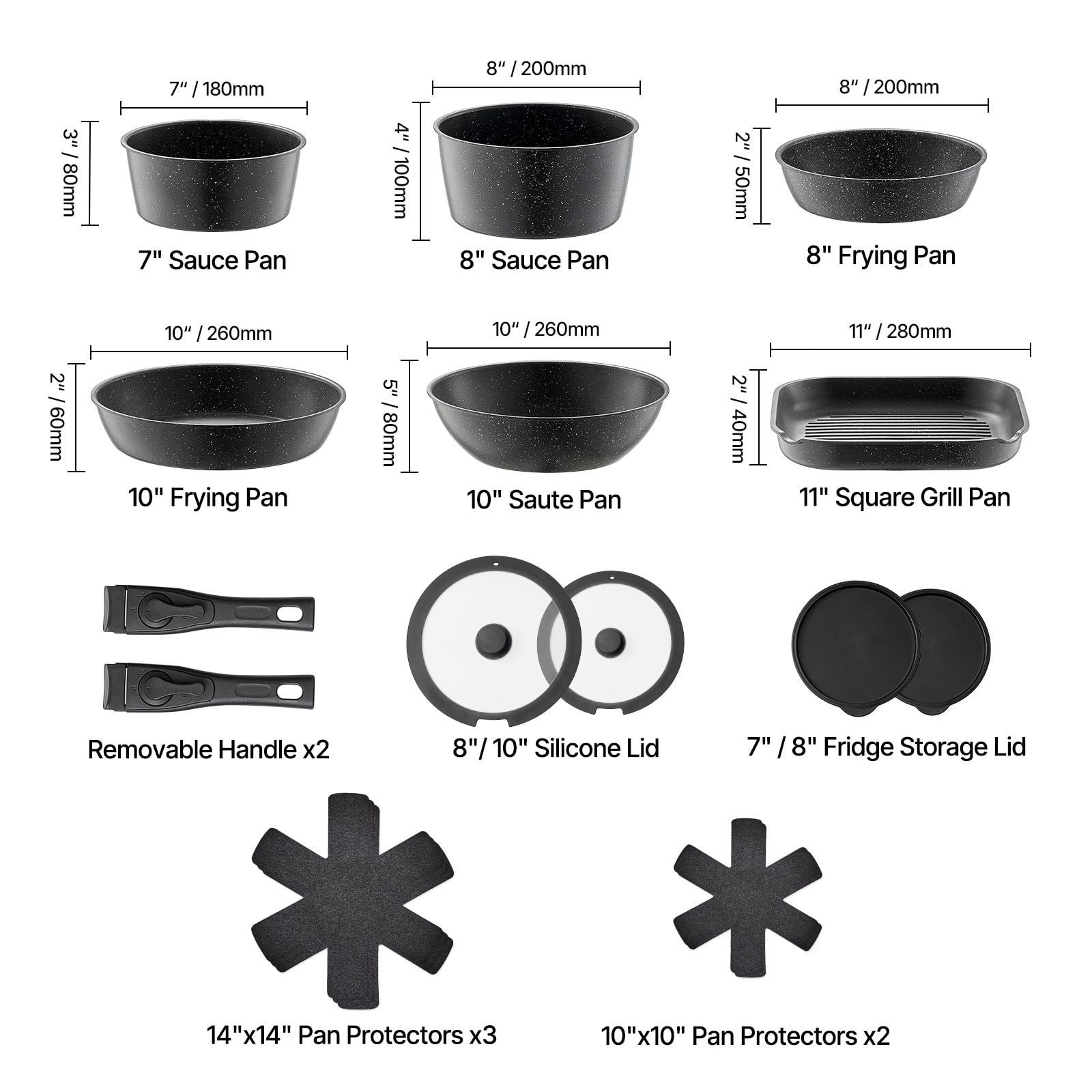 17 Piece Pots and Pans Set, Granite Nonstick Detachable Handle Cookware, Space Saving Induction Cookwares, Kitchen RV Cooking Sets with Frying, Sauce, Saute, Tempered Glass Lid, Oven Safe, Black