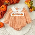 thumbnail image 5 of Halloween Baby Girl Outfits Pumpkin Bubble Romper Thanksgiving Smocked Clothes Checkered Bodysuit, 5 of 9