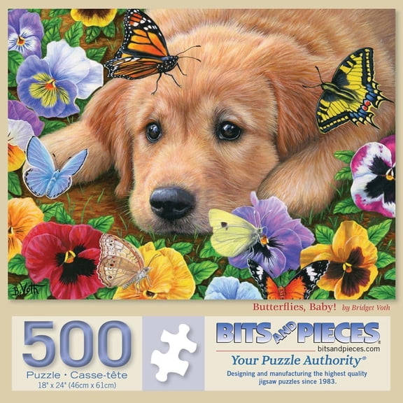 500 Piece Golden Retriever Puppy Jigsaw Puzzle “Butterflies, Baby! 18”x24”