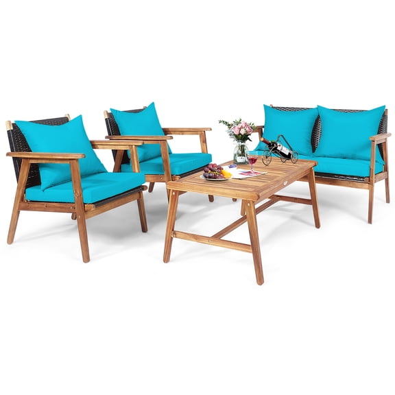 Patiojoy 4PCS Patio Rattan Furniture Set Wood Frame Cushioned Sofa with Coffee Table Sectional Conversation Sofa Set for Garden Turquoise