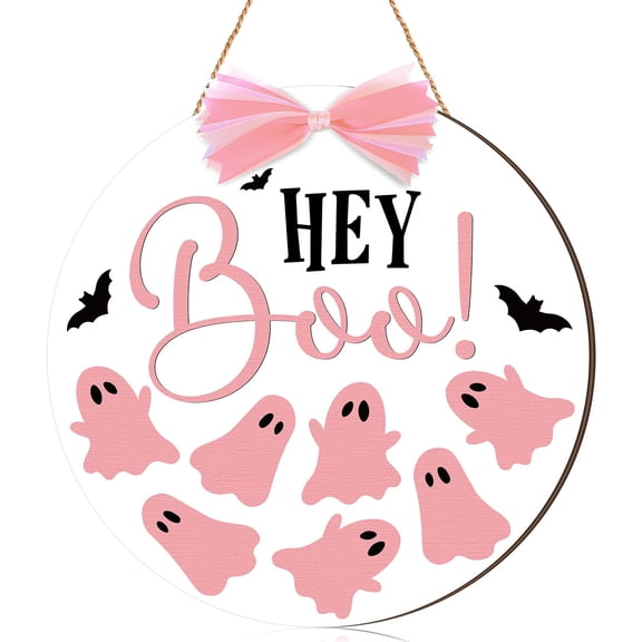 1Pack Halloween Door Sign Pink Ghost Wreath Decor Boo Wooden Hanging Sign Ghost Wood Welcome Sign, Halloween Porch Decor, Round Wreath with Pink Bows, Ready to Hang 6 Inch