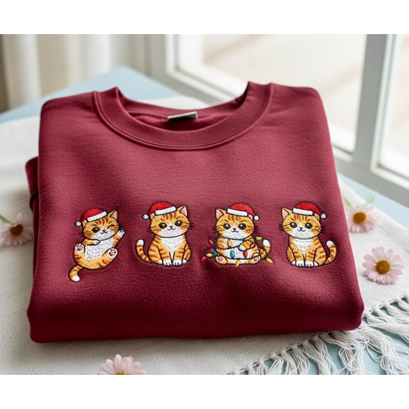 Christmas Cat Embroidered Sweatshirt, Cute Santa Cat Sweater, Cozy Holiday Cat Lover Gift, Funny Christmas Kitty Shirt, Xmas Cat Mom