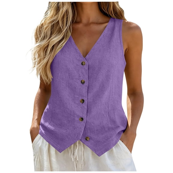 Ankola Women's Linen Vest V Neck Button Down Business Work Vacation Sleeveless Blazer Waistcoat Jacket