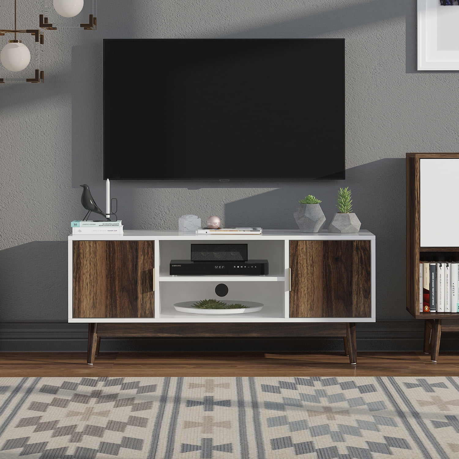 Private Jungle TV Console Table with Storage Cabinet Shelves with 2 Doors 43 Inch Entertainment Center for Living Room Bedroom,Brown&white