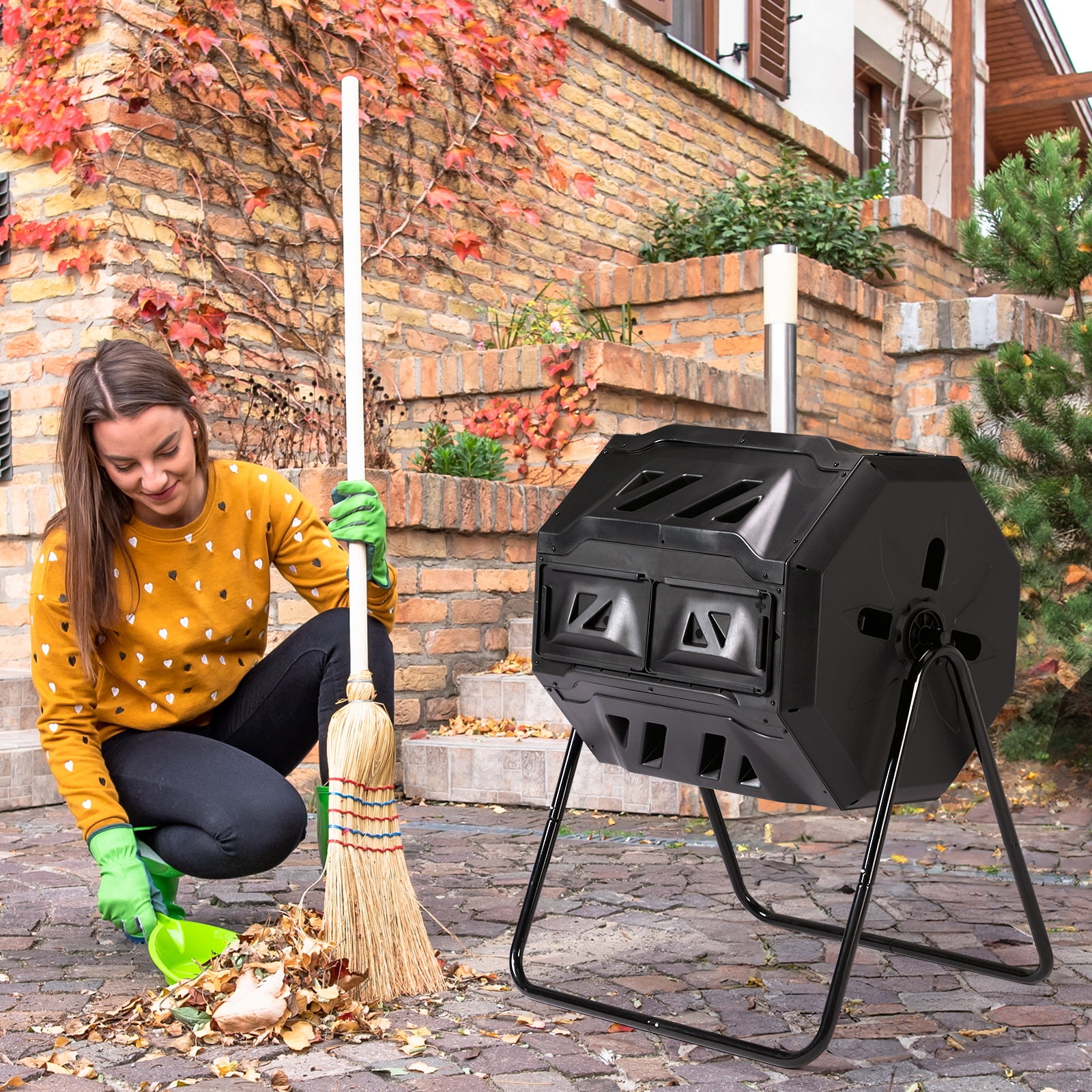 Outdoor Compost Tumbler Dual Chamber, Outdoor Tumbling Composter Dual Rotating Batch Compost Bin, 42 Gallon, Black