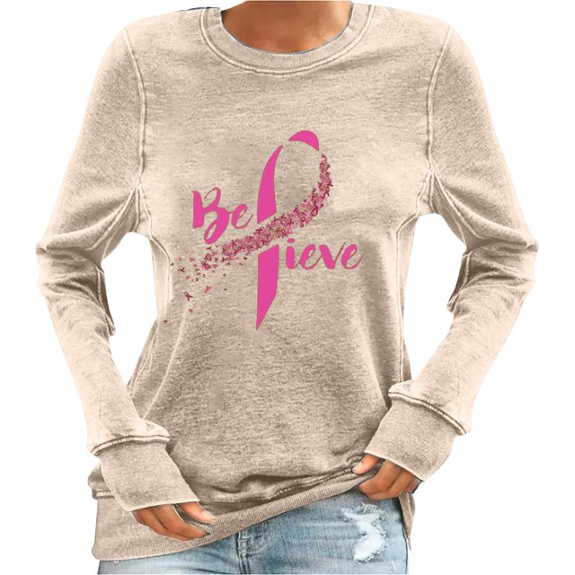 Staron Chandails à Manches Longues pour Femmes T-Shirts Habillés Décontractés Hauts de Sensibilisation au Cancer du Sein Col Rond Chandails de Base Mode d'Automne Ruban Rose Chandail à Enfiler Idées-Cadeaux pour Femmes
