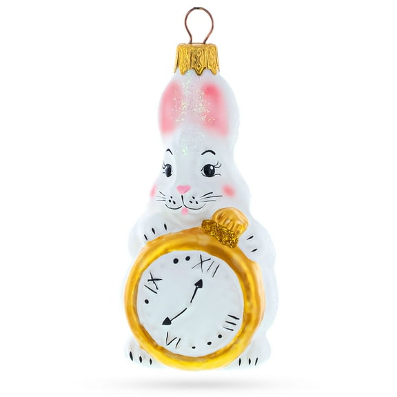 White Bunny with Timepiece Motif Glass Christmas Ornament