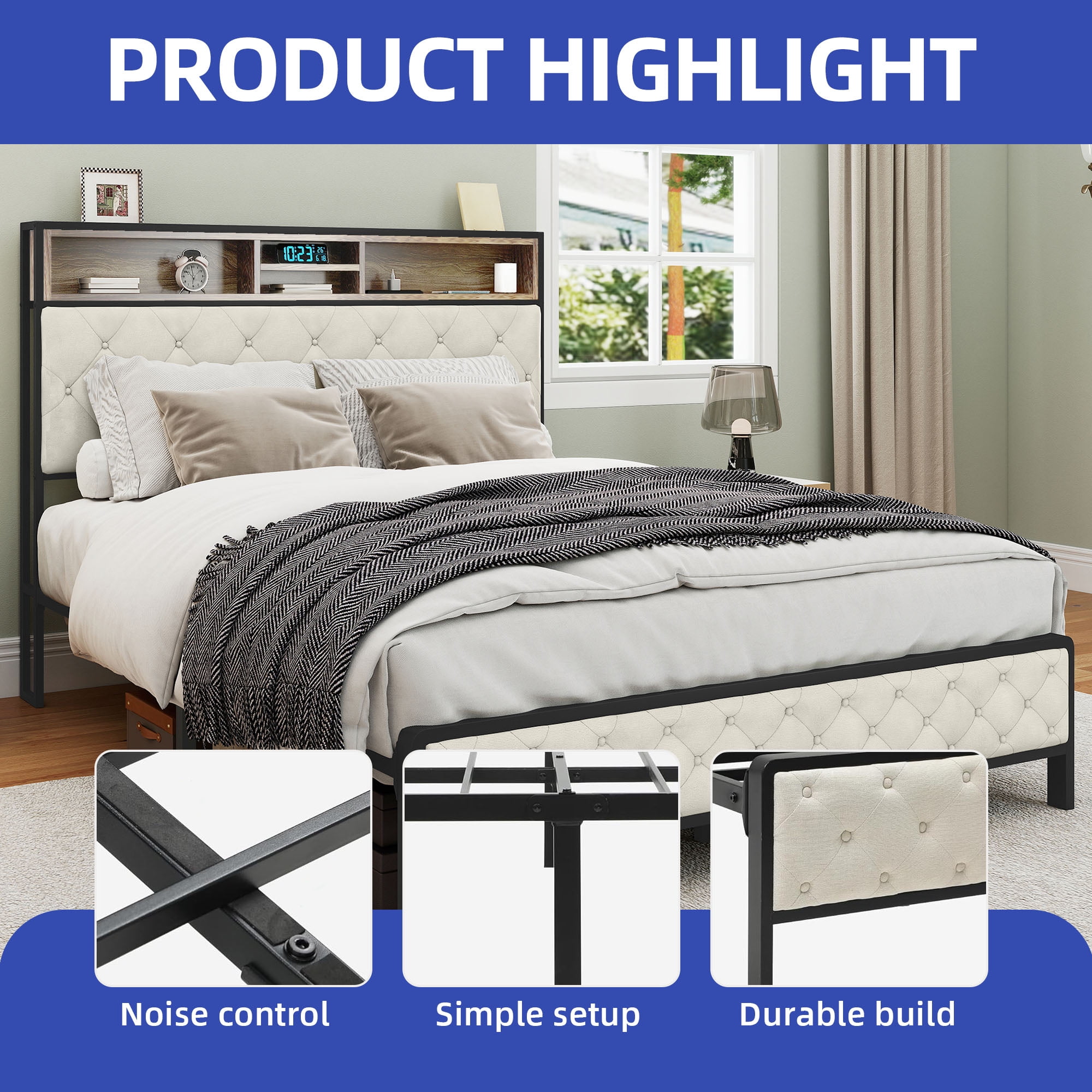 DEXTRUS Industrial Retro Style Queen Modern Linen Bed Frame with Headboard
