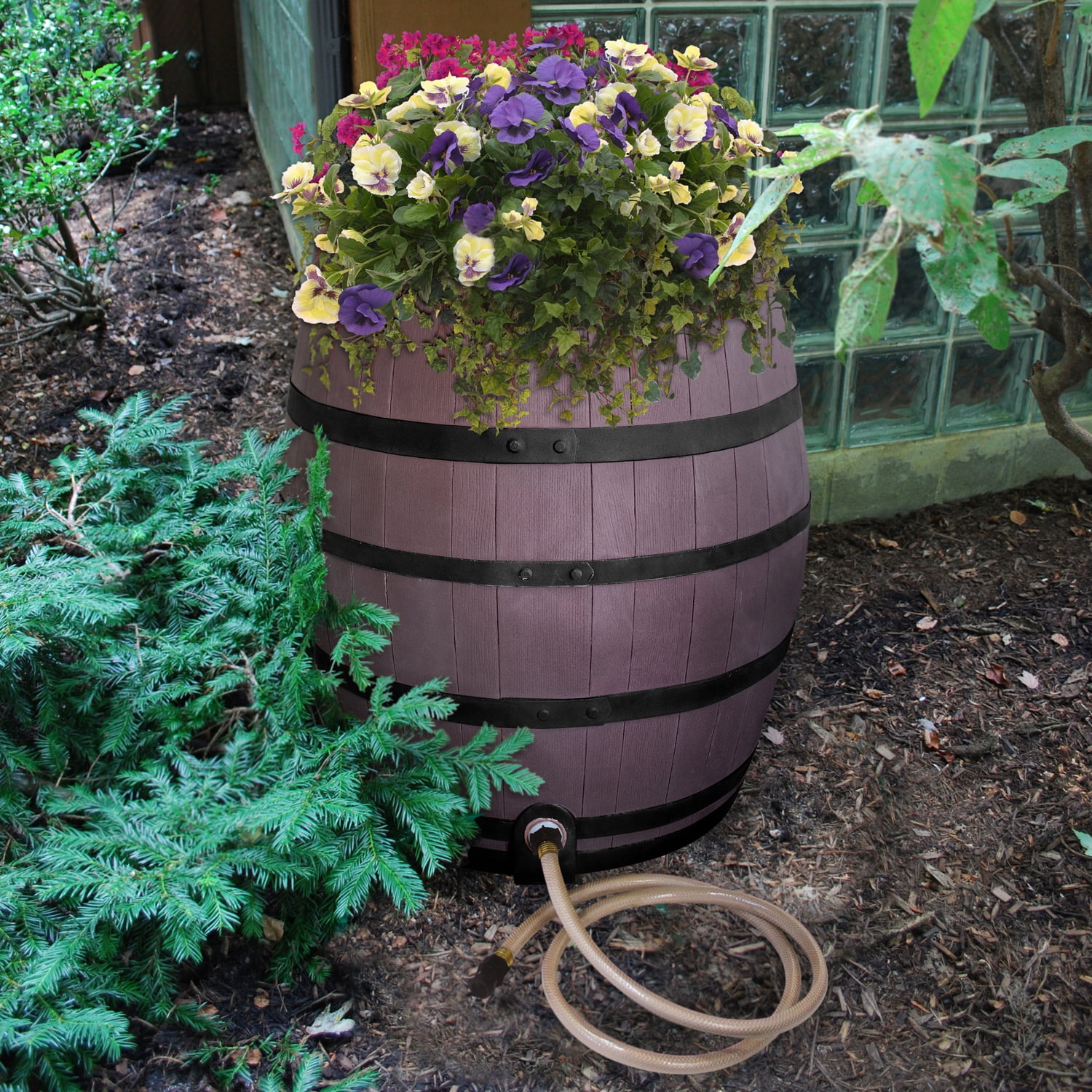 Rescue 50-Gallon Whiskey Rain Barrel with Black Bands - Includes Planter, Rain Water Diverter, Outlet Hose - Flatback Design -Brown