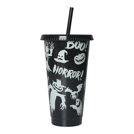 

Halloween Tumbler with Lid and Straw | 710ml Halloween Party Cup Glow in the Dark Luminous Tumbler | Boo Horror Pumpkin Bat Ghost Patterns Party Supplies